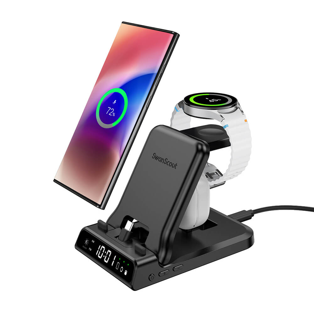 The Swanscout 701S is a sleek 3 in 1 charging station for Samsung devices, powering your phone, watch, and Galaxy Buds all at once.
