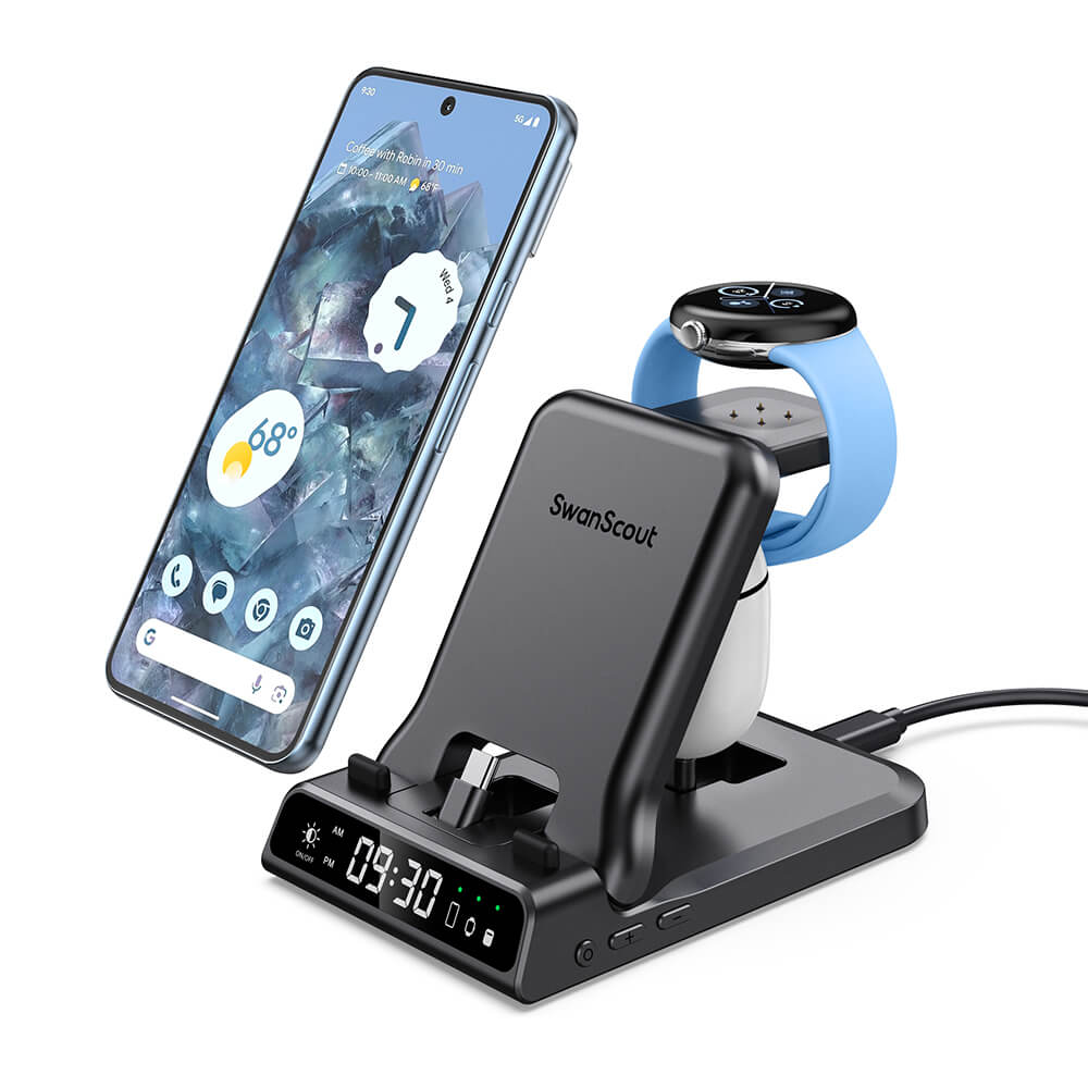 SwanScout 702G2 is a black 3-in-1 wireless charger compatible with Google Pixel Watch 2 and 3.