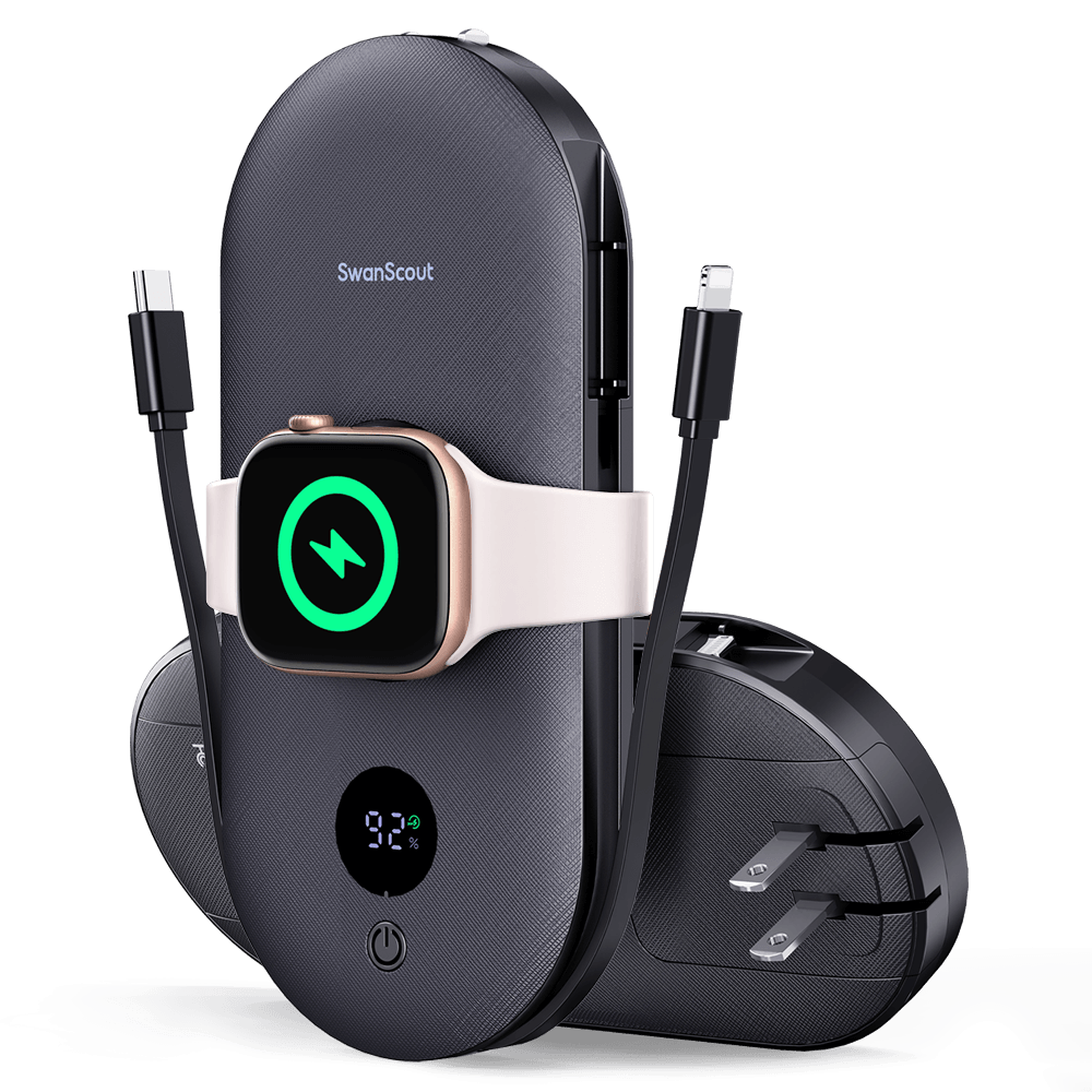 SwanScout 302A is a portable power bank compatible with Apple Watch and iPhone, featuring two built-in charging cables.