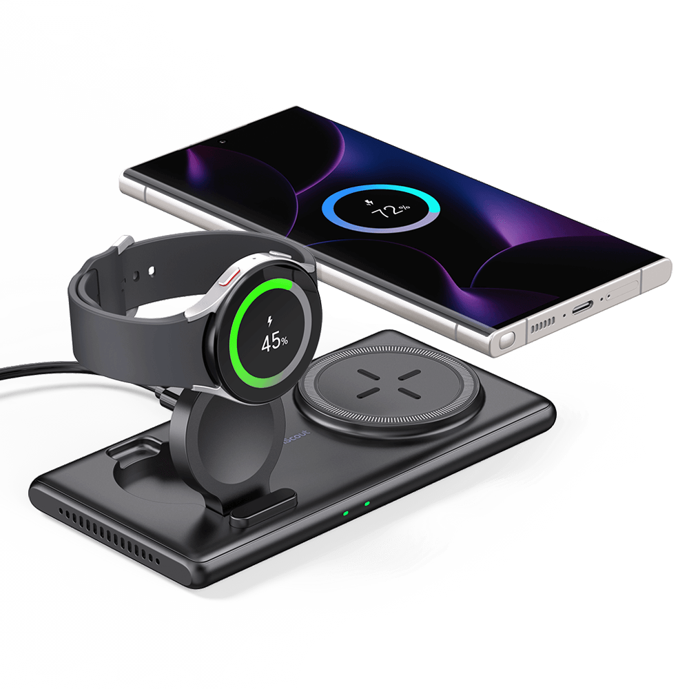 SwanScout 502S is a 2-in-1 Samsung wireless charger, featuring a foldable design for the watch, providing both convenience and functionality.
