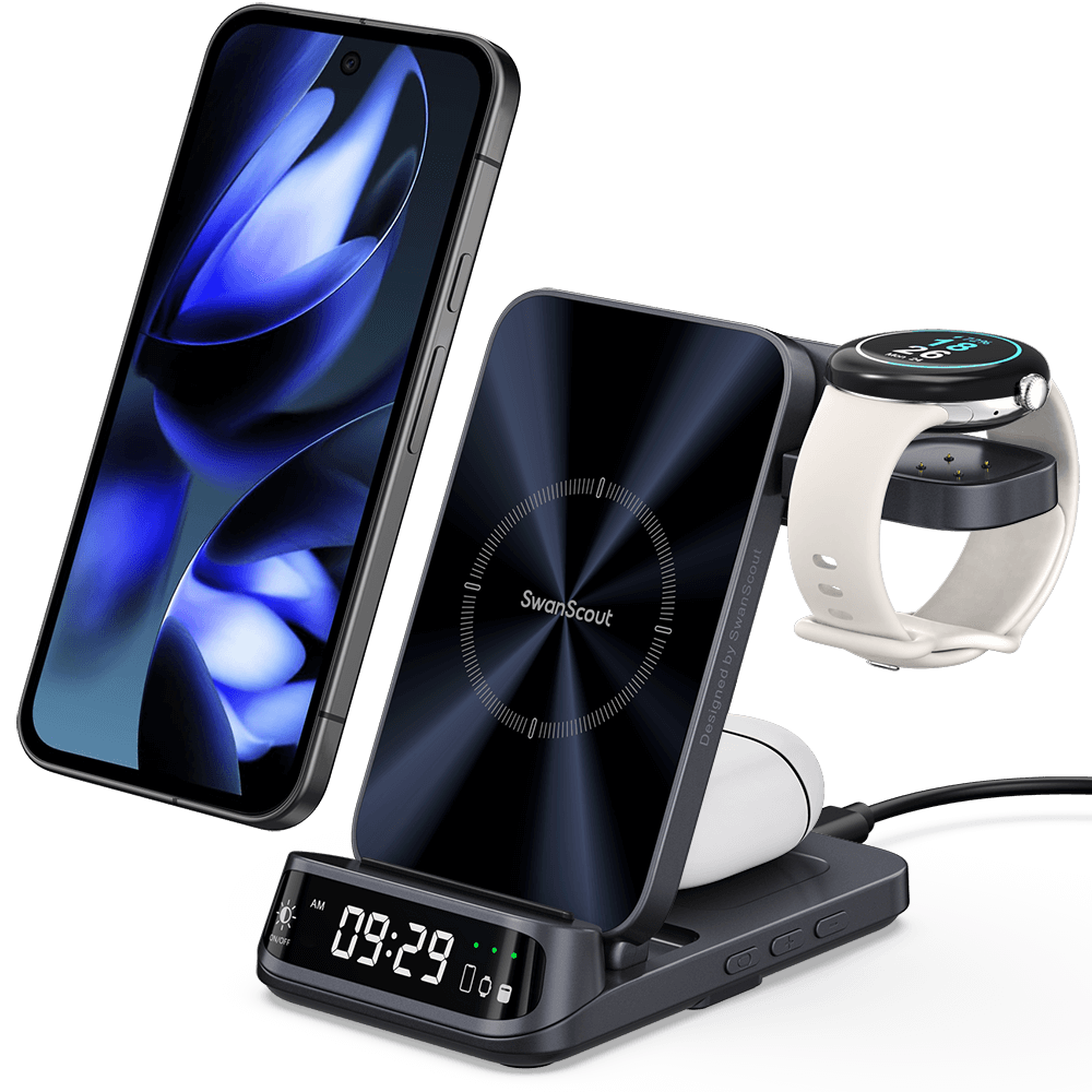SwanScout 708G2 is a 3-in-1 wireless charger in elegant gray, compatible with Google Pixel Watch 2 and 3, ideal for phone, watch, and earbuds.