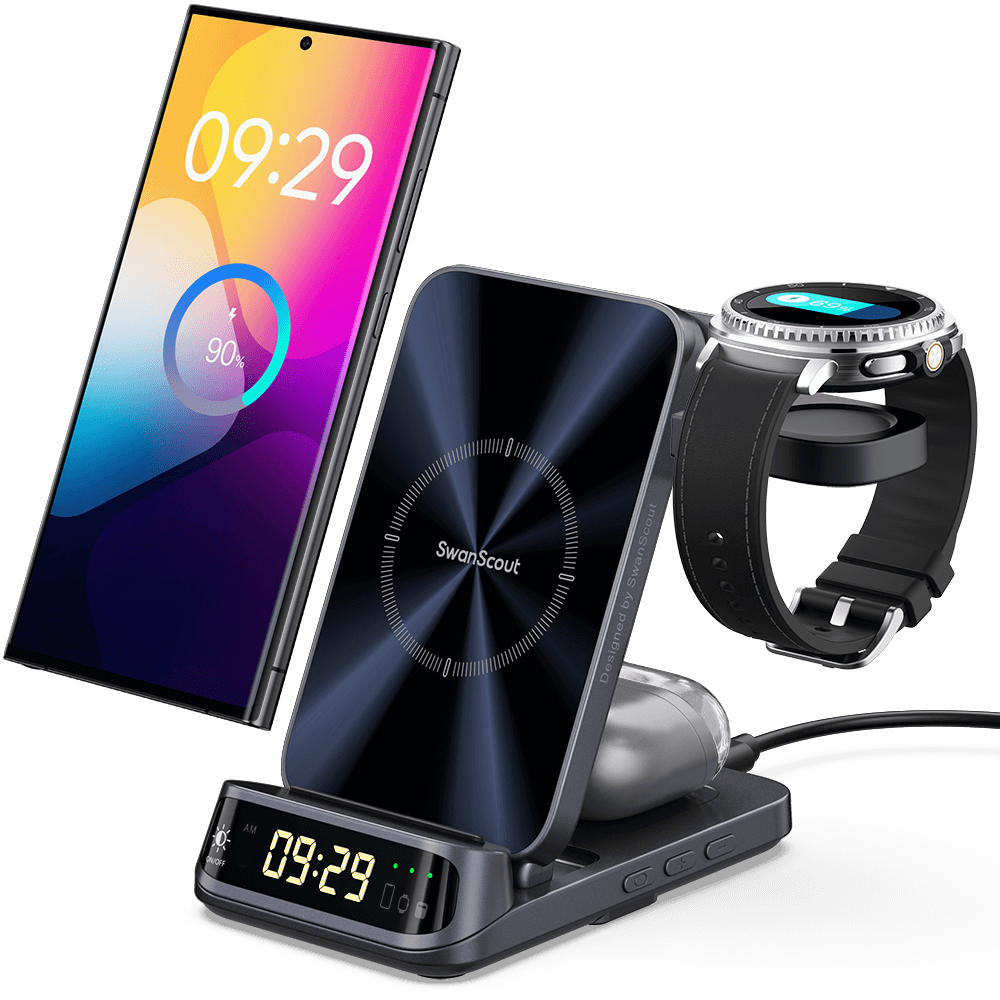 SwanScout 708S 3 in 1 Samsung wireless charger powering Galaxy phone, watch, and earbuds at an angle