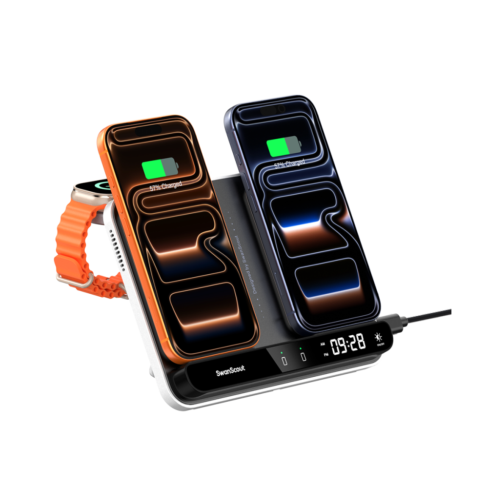 SwanScout 710A - Încărcător wireless dual pentru două telefoane și un ceas Apple