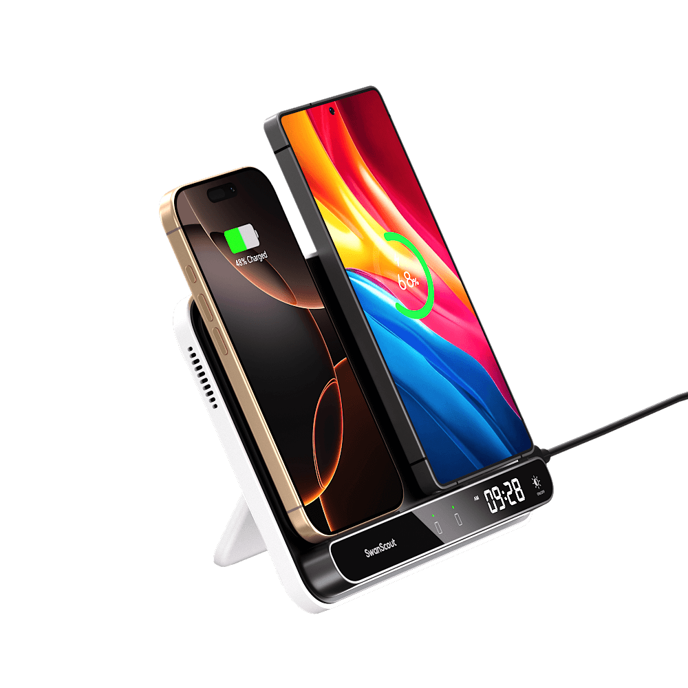 A dual phone charging station allows users to charge two smartphones simultaneously, making it perfect for shared workspaces or nightstands.