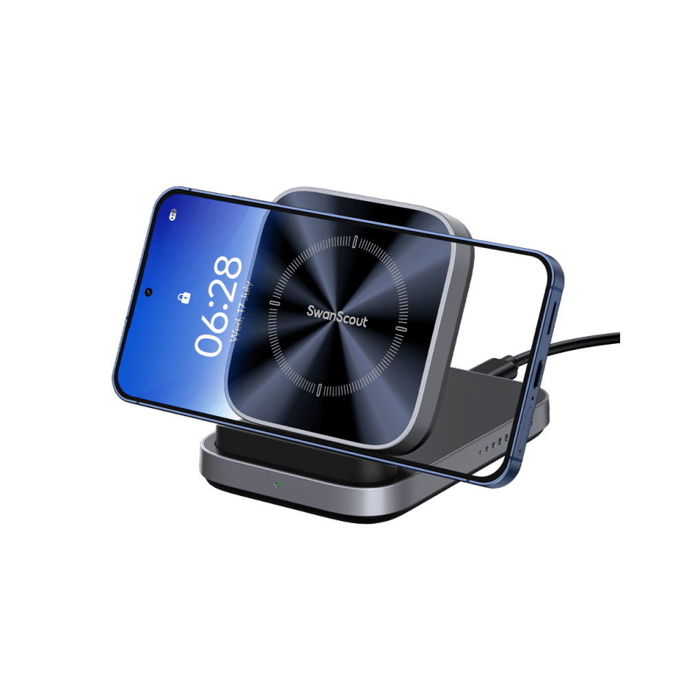 SwanScout 508 wireless charger stand powering an iPhone 17 Air in landscape mode, delivering up to 15W fast charging.