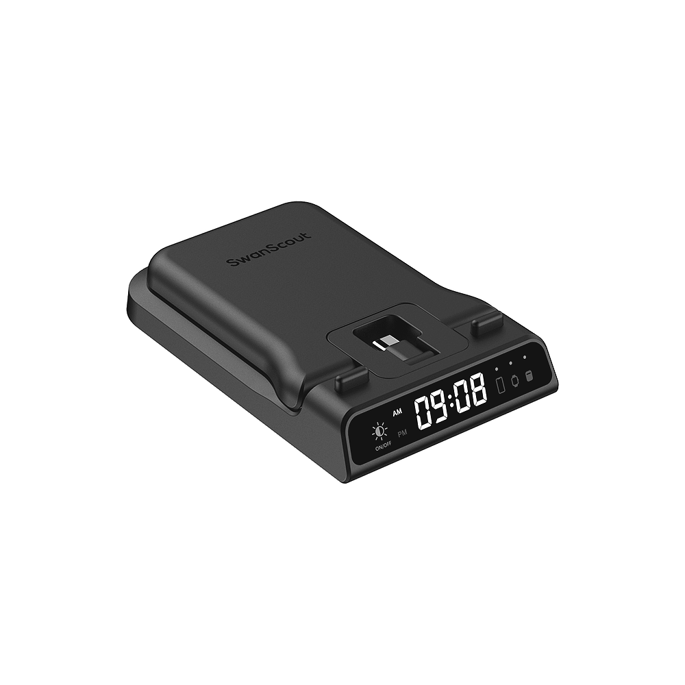 Designed for Apple users, the swanscout 701A functions as a 3-in-1 charging station with fast charge, complete with a visible clock for daily scheduling.