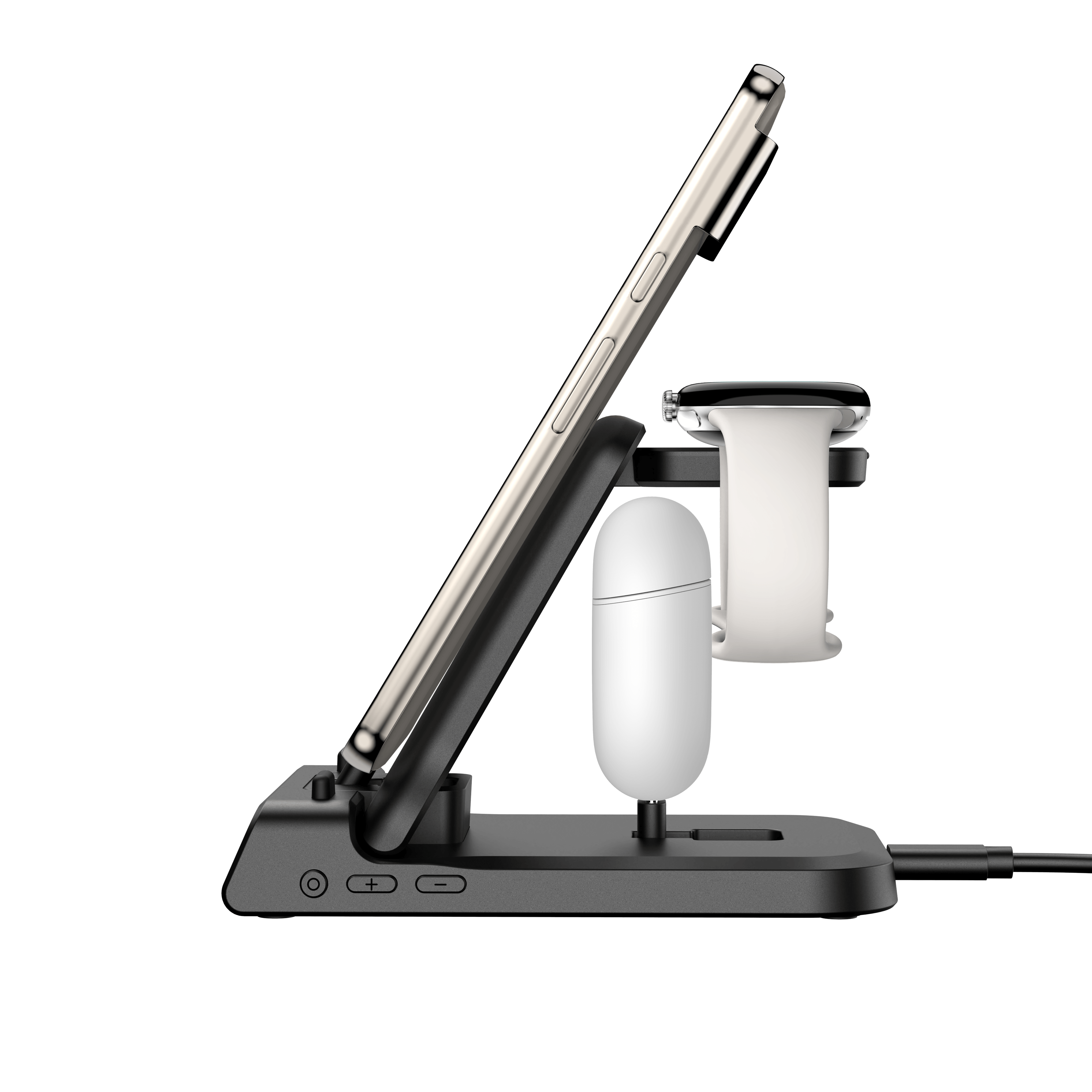 The SwanScout 701G2 serves as a sleek Pixel charging station, offering wired charging for phones and wireless power for watch and earbuds.