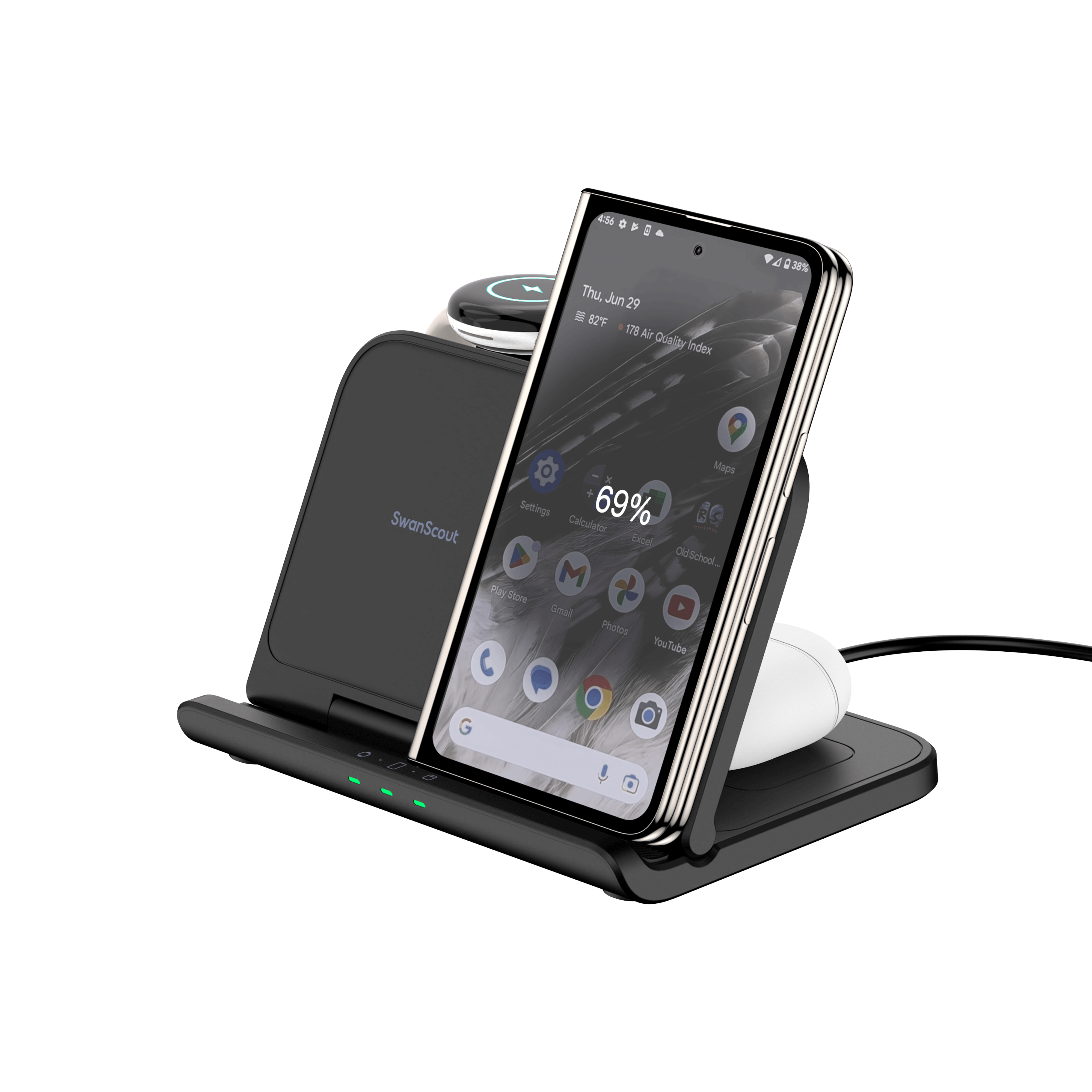 Designed for foldable phone users, the SwanScout 705G supports wireless charging for Pixel Fold models with precision and speed.