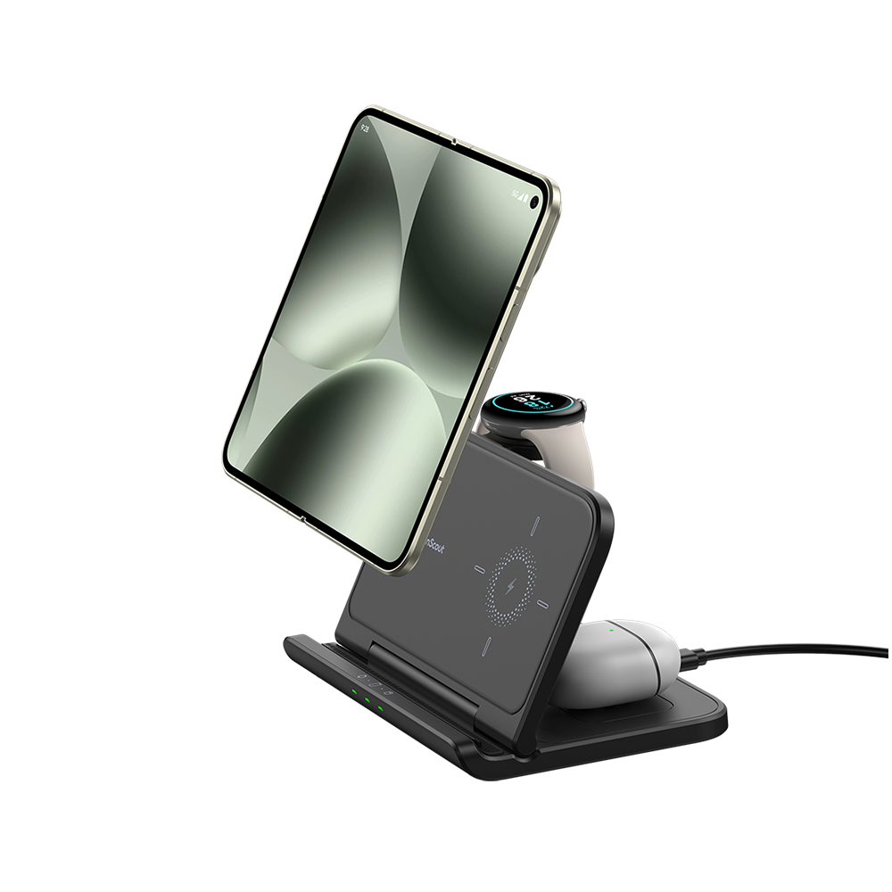 The SwanScout 705G supporting a foldable phone in an open floating position, ideal for video calls and multitasking while charging.