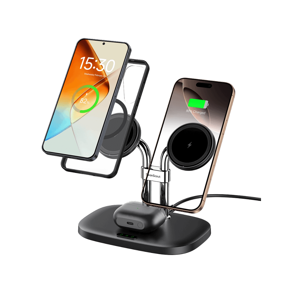 SwanScout 706SM dual magnetic charger efficiently charging a Galaxy S24 and Galaxy Buds 3 Pro, ideal for multi-device setups.