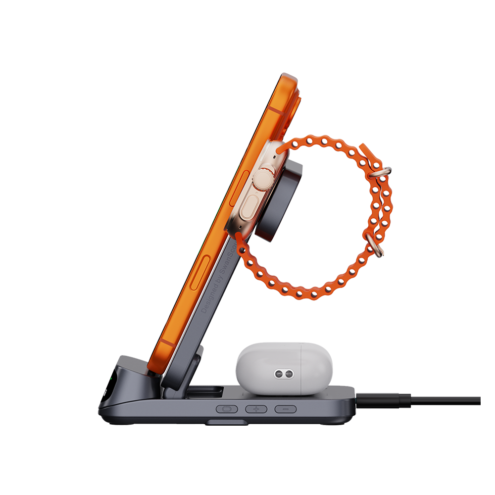 Side view of SwanScout 708A supporting iPhone in horizontal charging mode, ideal for watching videos while providing stable wireless power.