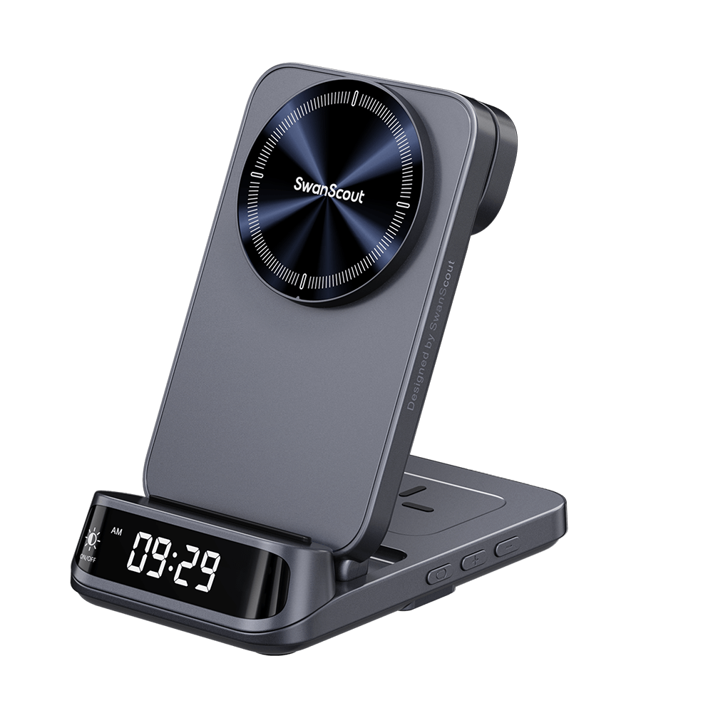 Front-right profile of SwanScout 708SM with the watch charger folded, illustrating the compact design and 3D LED clock with adjustable dimming.