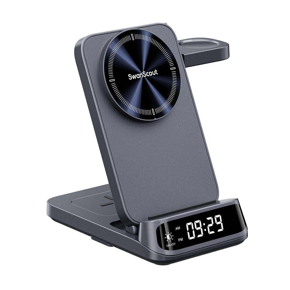 Front-left view of the unfolded SwanScout 708SM, highlighting the magnetic phone charging area and dedicated dock for Galaxy Watch 8 and Ultra.