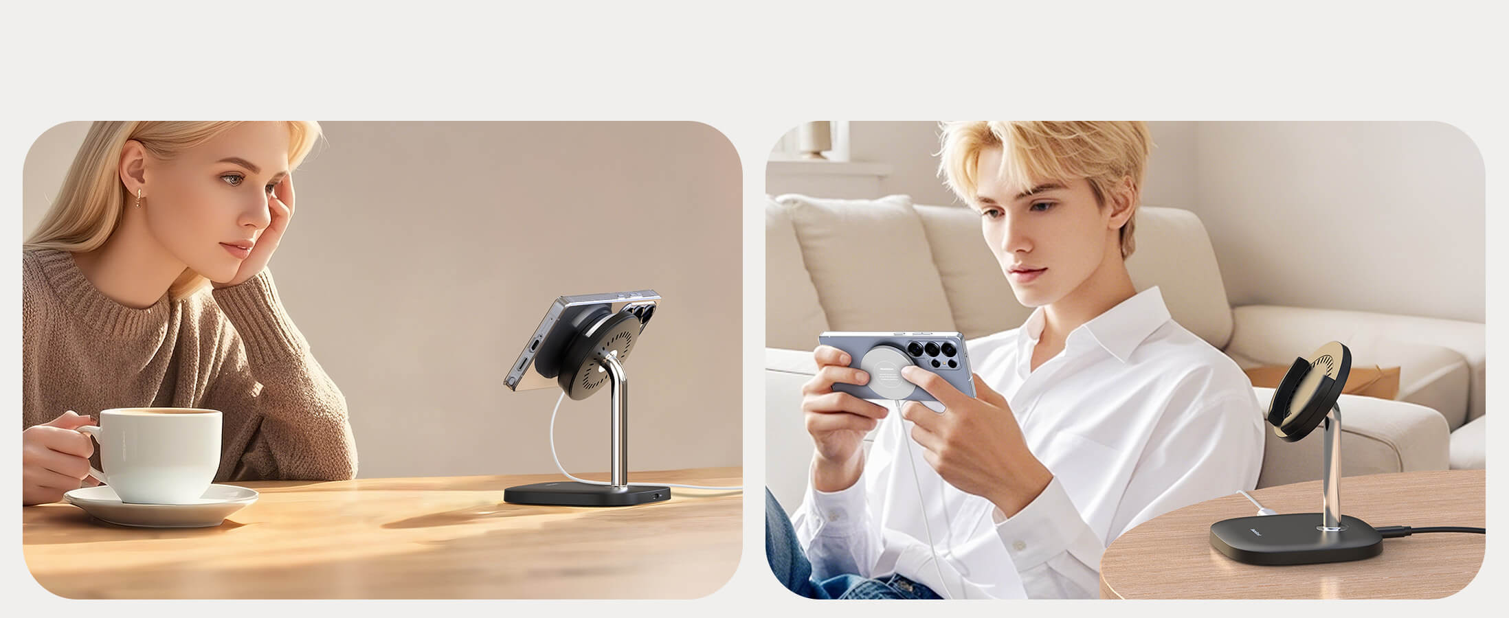 Two people enjoy the detachable charging pad for Samsung phones