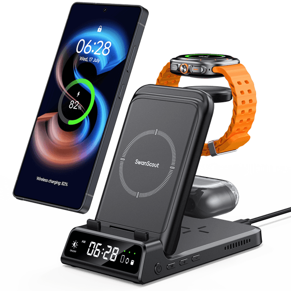 SwanScout 703S - Carregador Sem Fio 3 em 1 para Samsung com Relógio