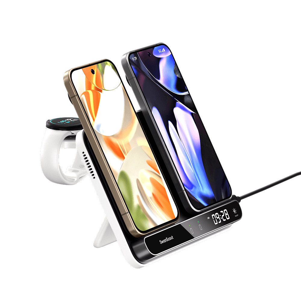 A wireless charger provides effortless charging by simply placing a compatible device on the pad, eliminating the need for cables.