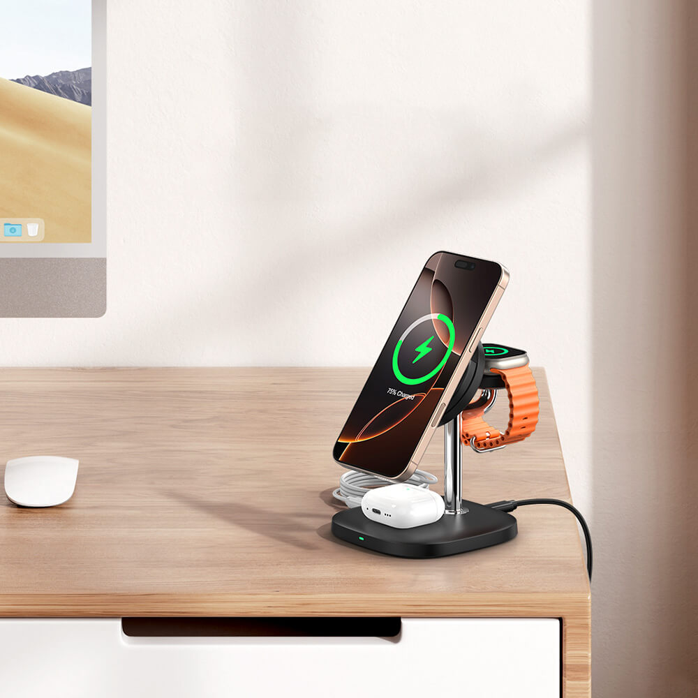 Upgrade your desk with SwanScout 711M, a smart MagSafe charging stand that organizes and energizes all your Apple gear at once.