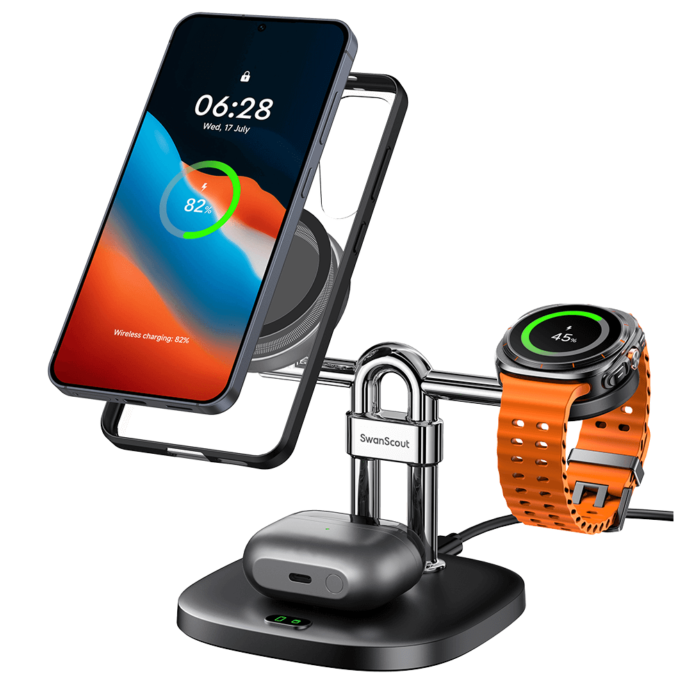 SwanScout 712SM – Estação de carregamento sem fio magnética 3 em 1 para Samsung