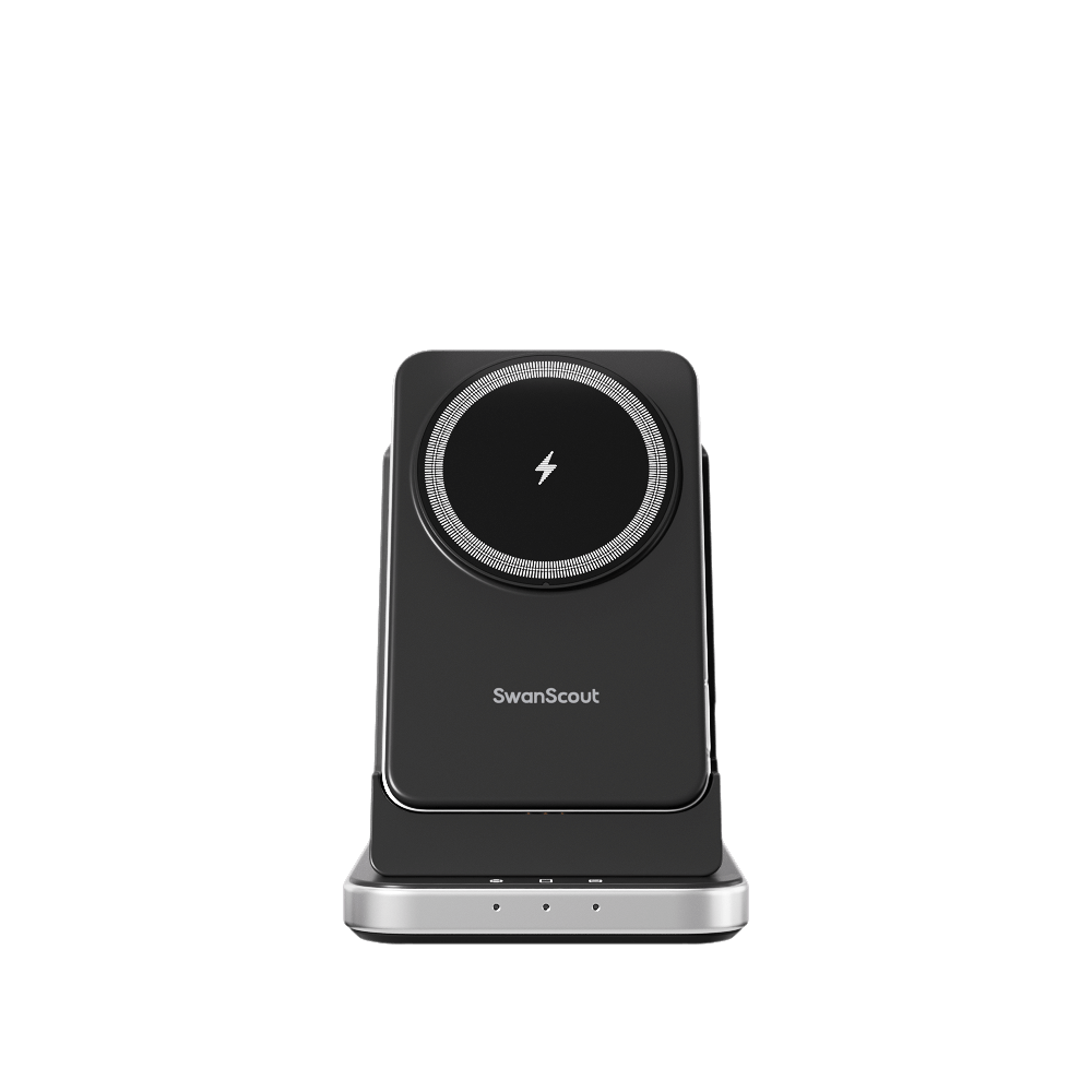 Front view of SwanScout 304M featuring a 5W fast charger for Apple Watch and a wireless charging base for AirPods 4 and Pro series