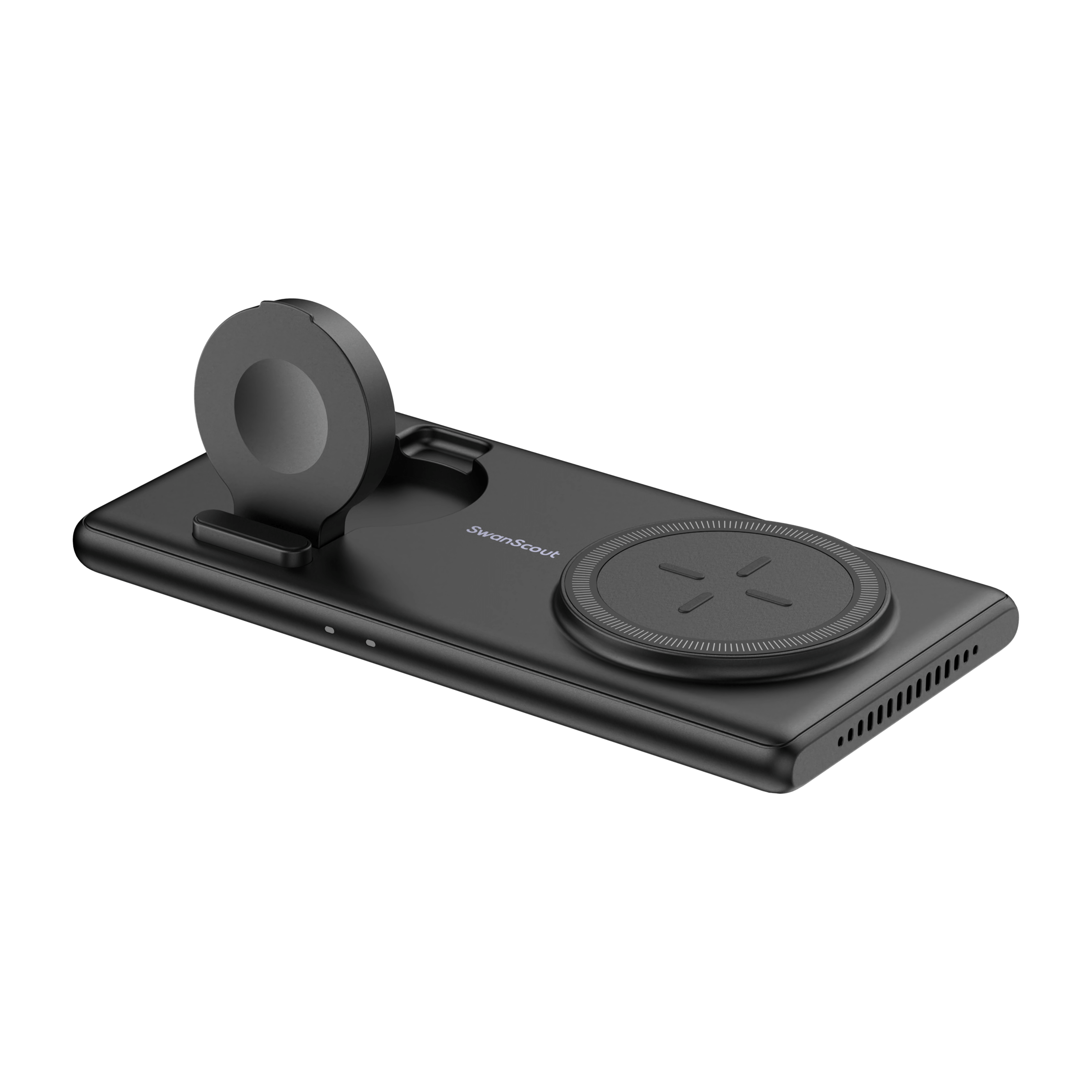 SwanScout 502M angled view of 2-in-1 Apple Watch charger with magnetic stand, portable for iPhone and AirPods charging