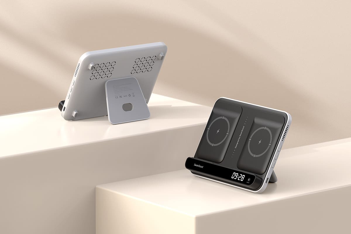 Dual phone wireless charger front and back view with fold-out kickstand and vent holes SwanScout 504