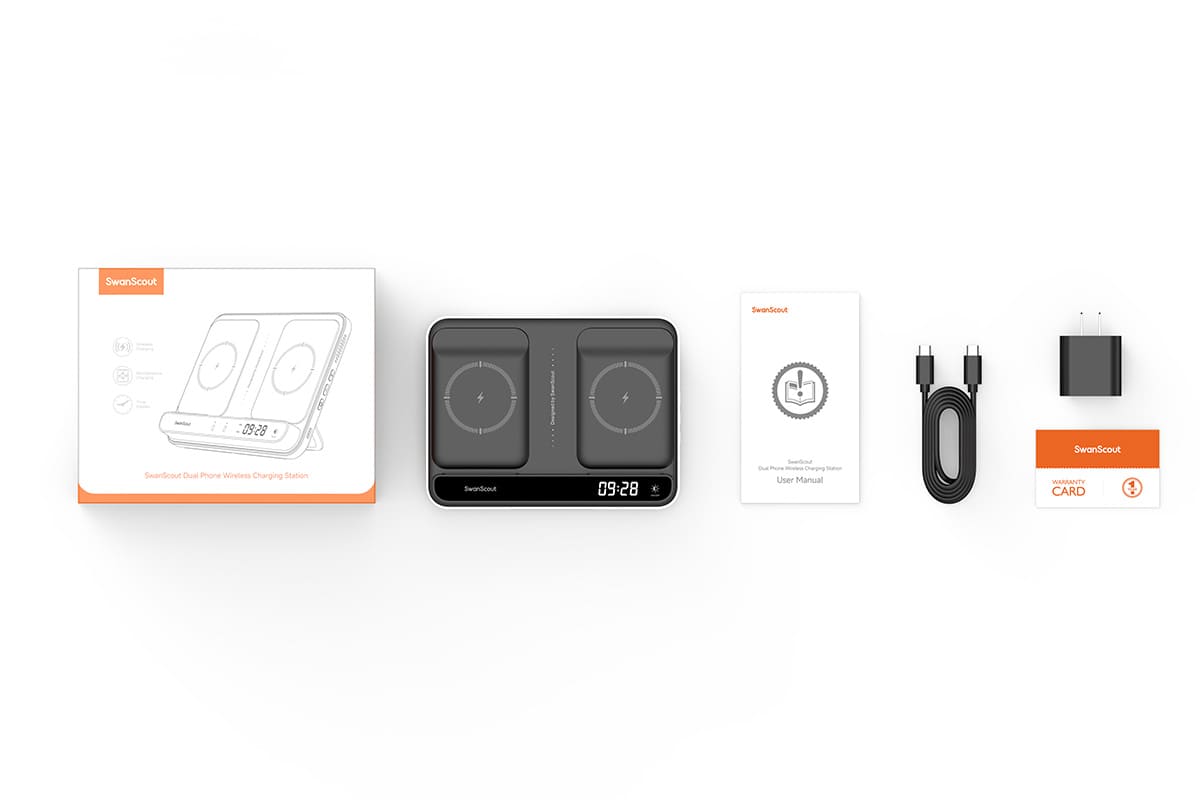 Dual phone wireless charger package contents with USB-C cable power adapter user manual and warranty card SwanScout 504