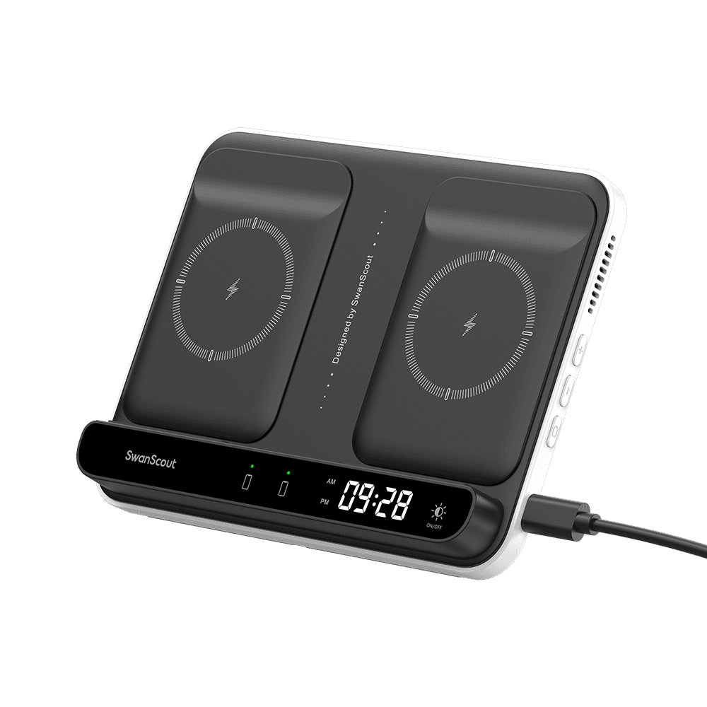 White dual phone wireless charging station side view with clock buttons and vent holes SwanScout 504
