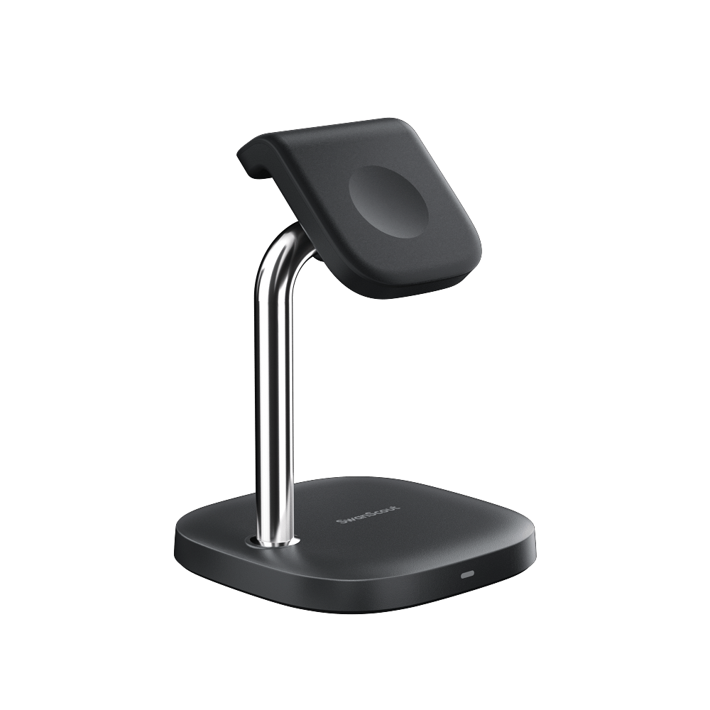 SwanScout 505A charging stand for Apple Watch with sleek design and angled view showing charging dock and port layout.