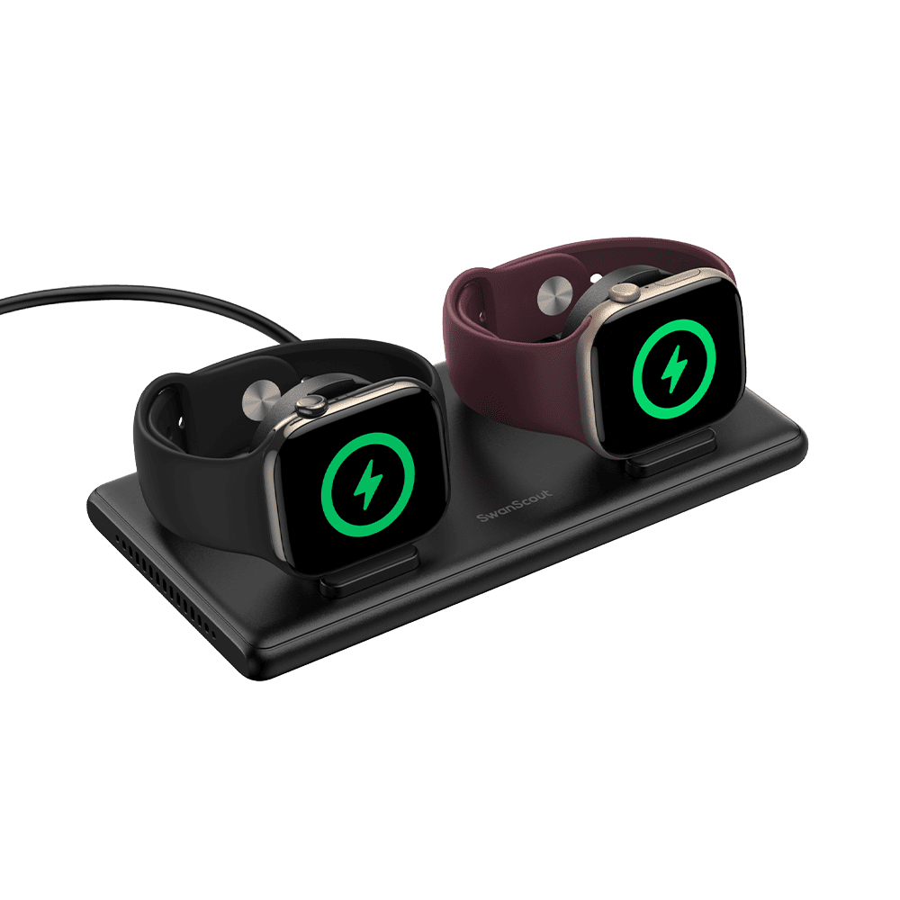 Two Apple Watches resting on the SwanScout 507DA black dual charging dock