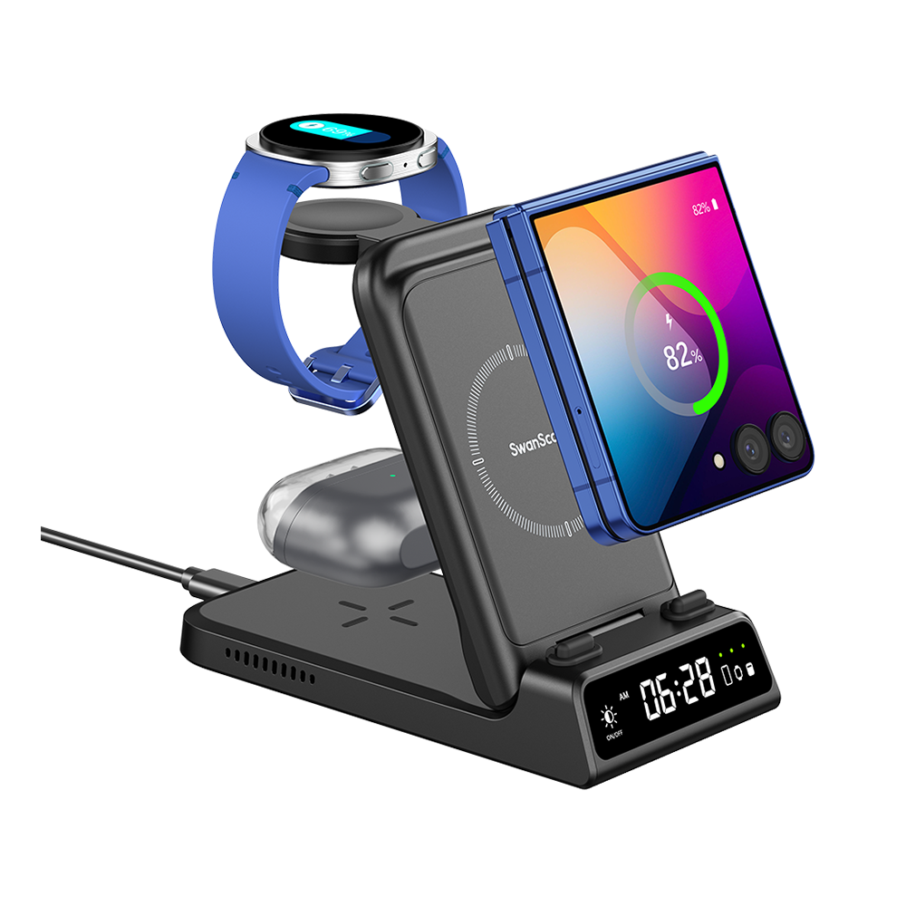 SwanScout 703F charging station simultaneously powering a Samsung Galaxy Z Flip 7, Galaxy Watch Ultra, and Buds 3 Pro with an integrated digital clock