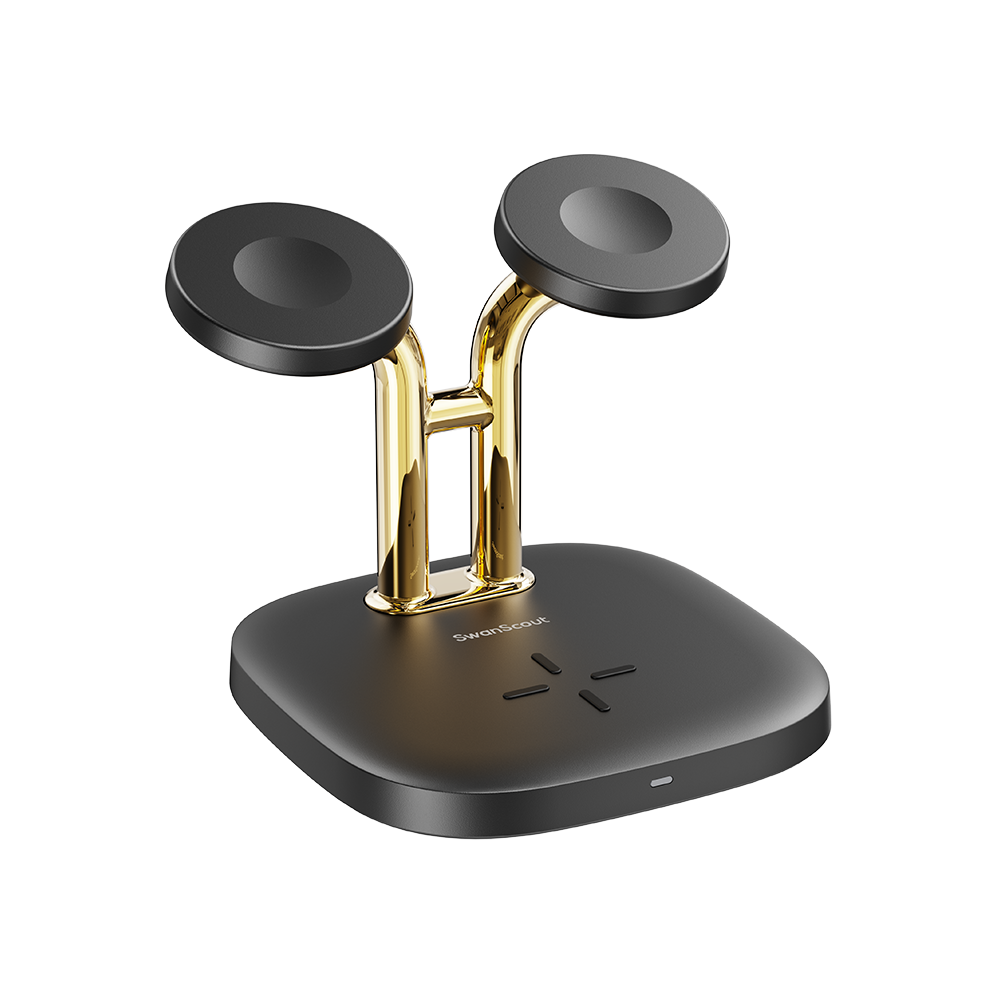 Black and gold SwanScout 704A featuring 3.3W upgraded fast charging for Apple Watch 10/9/8, offering a sophisticated look for nightstand charging