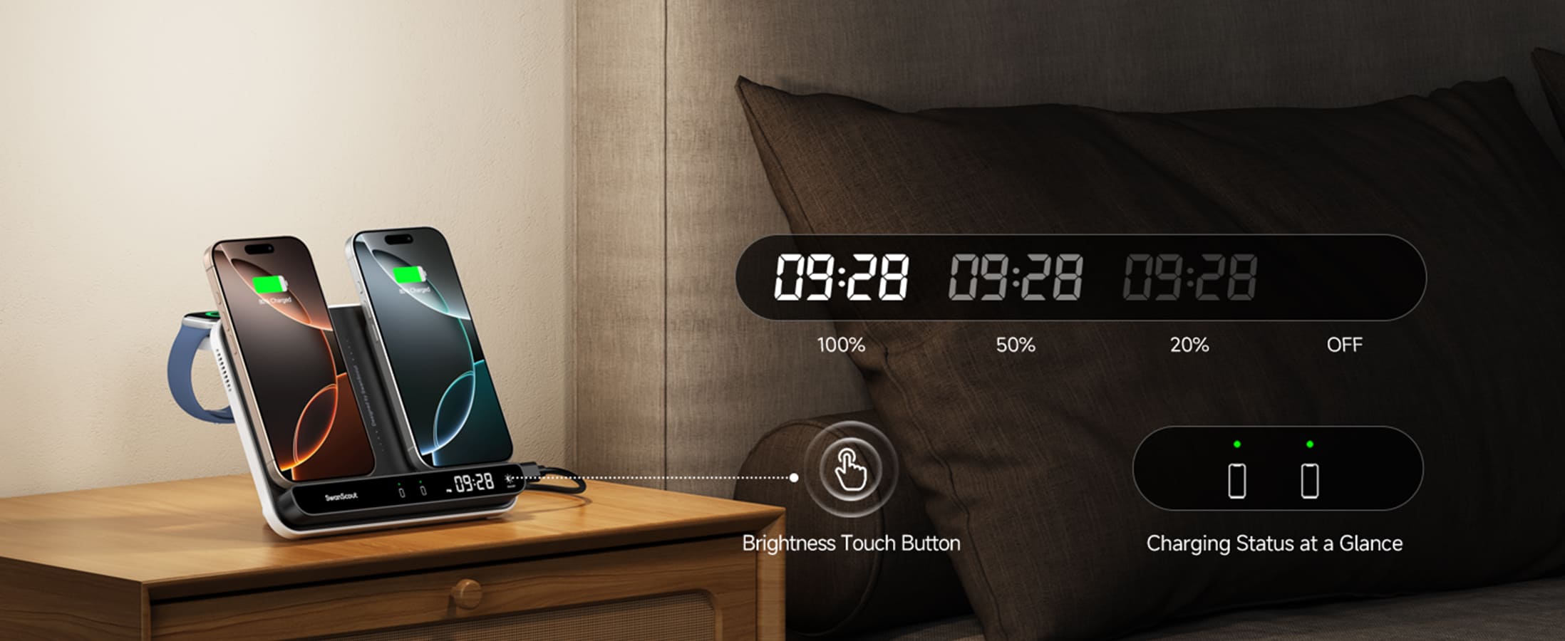 Touch-controlled digital clock with adjustable brightness on the SwanScout 710A charging station