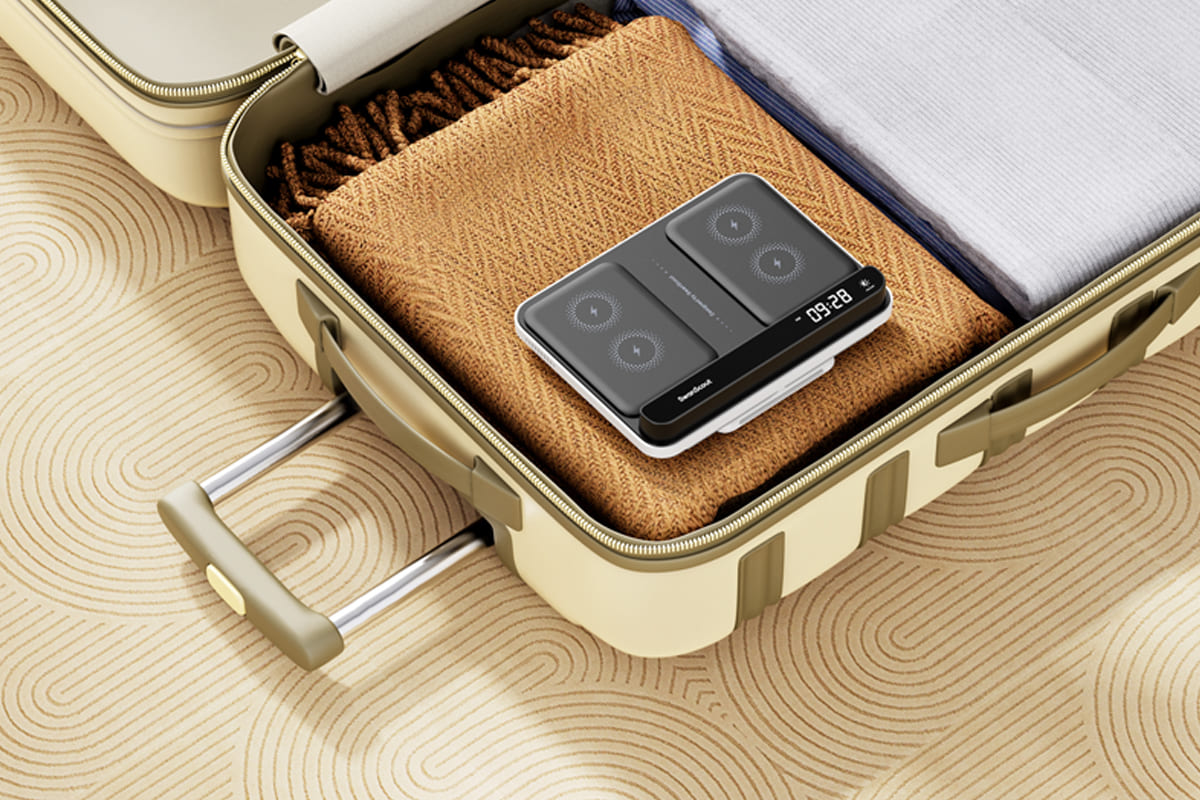 Foldable compact wireless charging station stored in luggage for travel SwanScout 710A