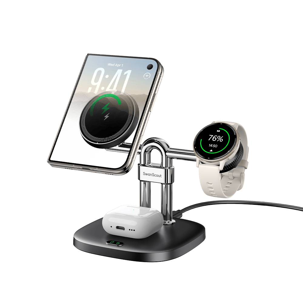 3-in-1 Garmin watch charging station with magnetic phone and earbuds charger SwanScout 712GM