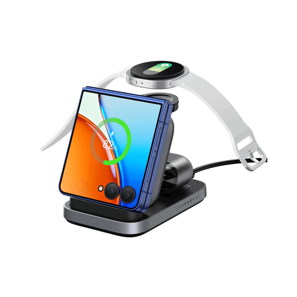 SwanScout 713F charging station powering a Samsung Galaxy Z Flip 7, Galaxy Watch 8 Classic, and Buds3 Pro simultaneously