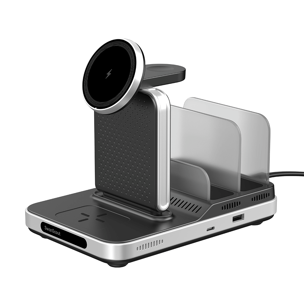 Front-right angled view of SwanScout 901M, highlighting the MagSafe compatible phone pad and the sleek 5-device charging layout