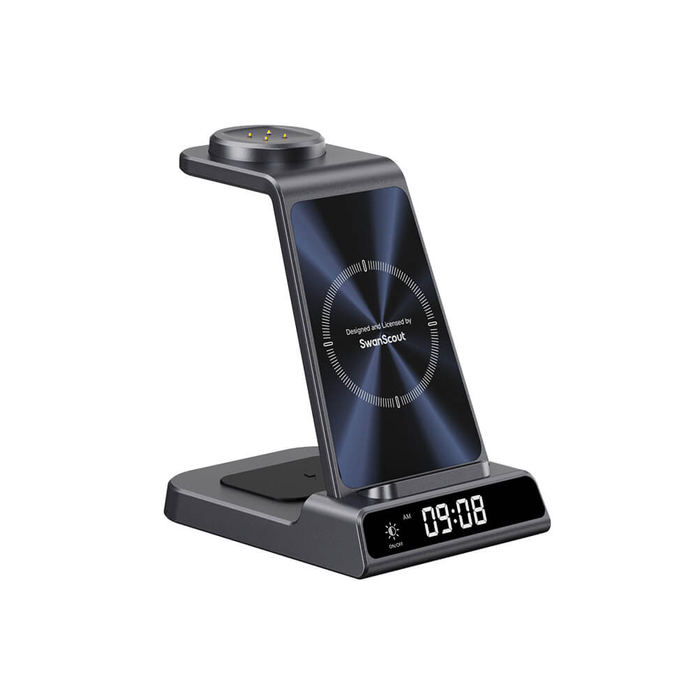 SwanScout C01FB 3-in-1 wireless charger stand for Fitbit watch, showing textured surface and left front view.