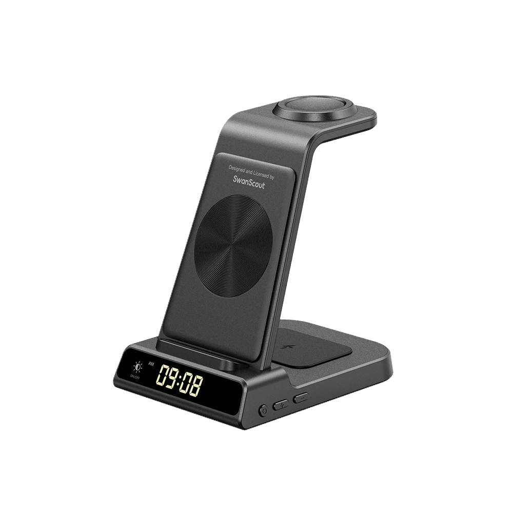 SwanScout C01S wireless charging stand with dimmable LED clock display