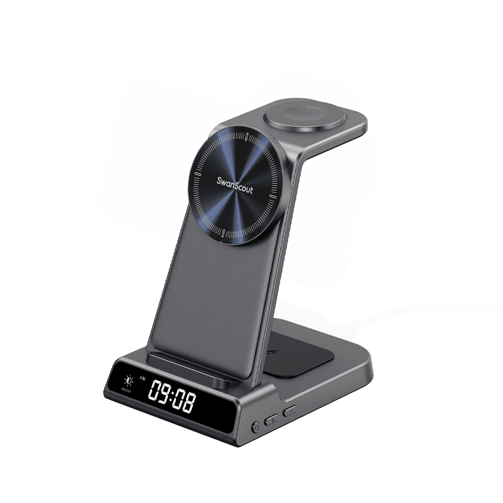 SwanScout C02M 3-in-1 magnetic charging station for Apple devices, minimal design with MagSafe compatibility.