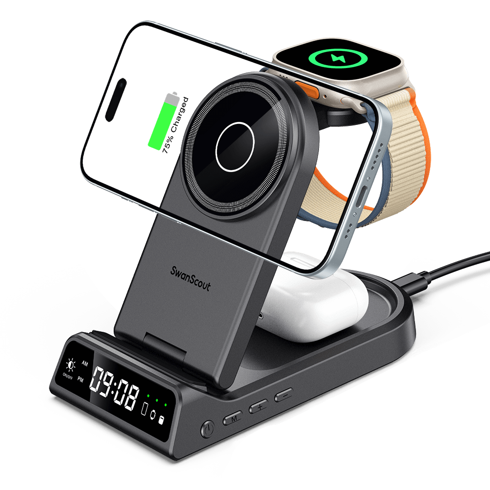 SwanScout 702M is a 3-in-1 magnetic wireless charger compatible with Apple devices, including the iPhone 16e, providing a sleek and efficient charging solution.