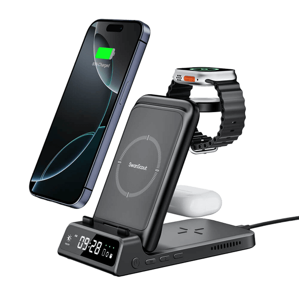 SwanScout 703A is a foldable 3-in-1 wireless charger compatible with Apple devices, featuring an elegant black design.