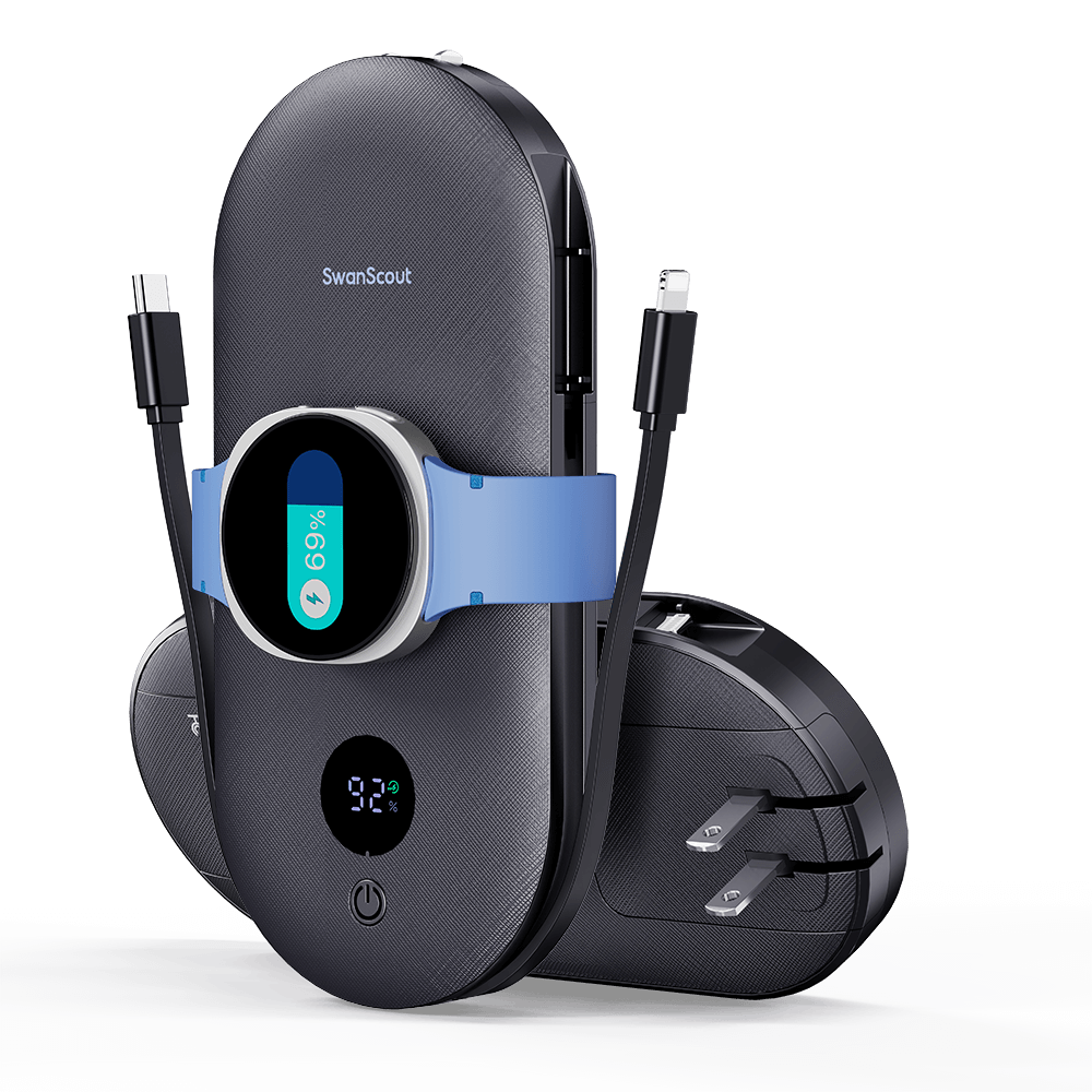 SwanScout 302S is a 4-in-1 power bank compatible with Samsung devices, featuring an ultra-large capacity.