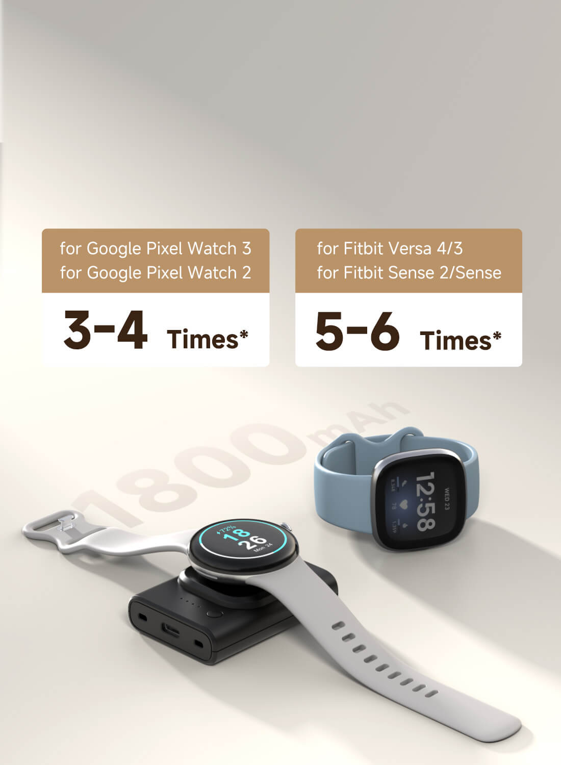 A Pixel watch and a Fitbit watch charging on SwanScout 305G2