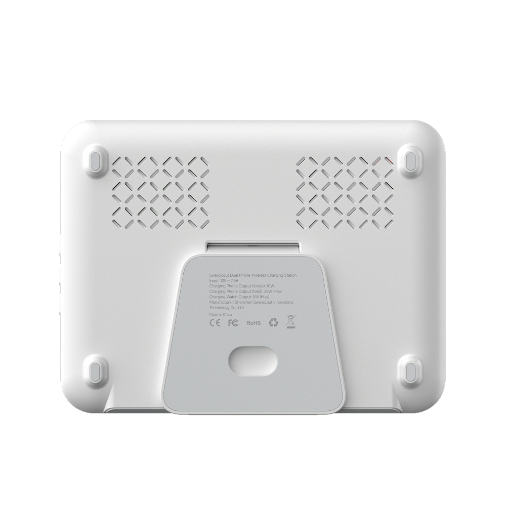 Rear view of SwanScout 504F showing the sleek design and LED indicators that display real-time charging status for both devices.