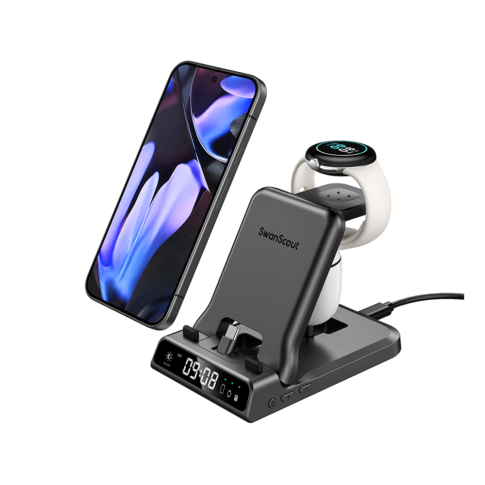 SwanScout 701G2 wired fast charger for Pixel Watch 2 and Pixel Watch 3, 3 in 1 charging station with digital clock for Google Pixel phones and Pixel Buds