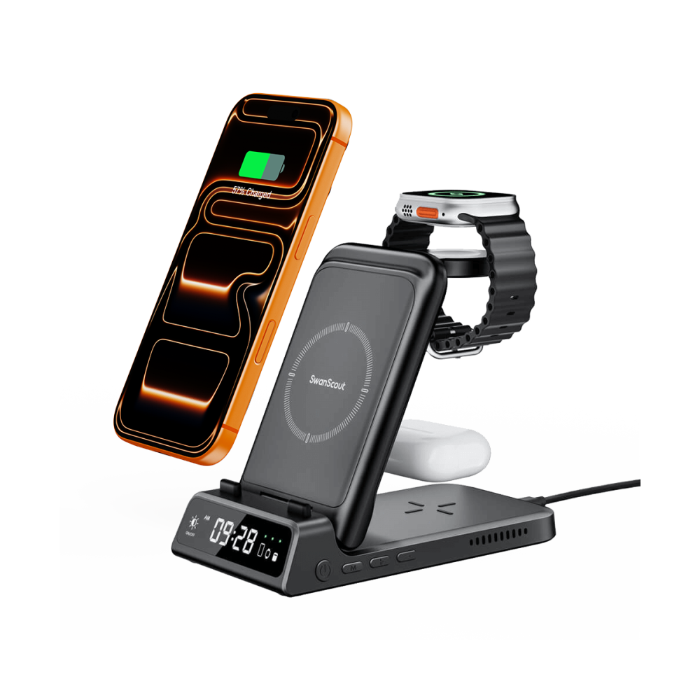 SwanScout 703A wireless station charging iPhone, Apple Watch, and AirPods simultaneously, featuring a built-in digital clock and a dedicated phone charging control button.