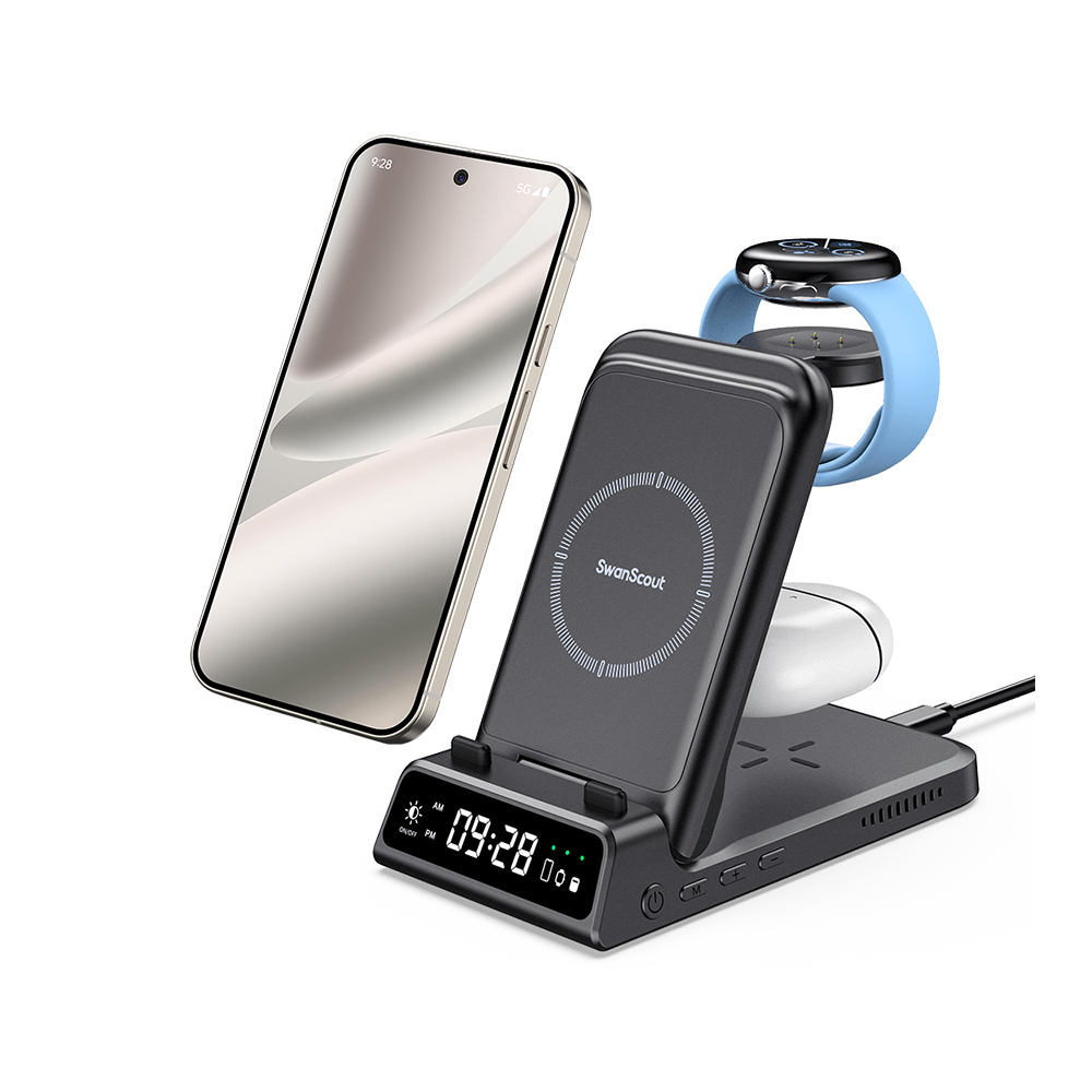 SwanScout 703G2 wireless charging station for Google ecosystem, simultaneously charging Pixel 9 Pro, Pixel Watch 2 or 3, and Pixel Buds Pro 2.