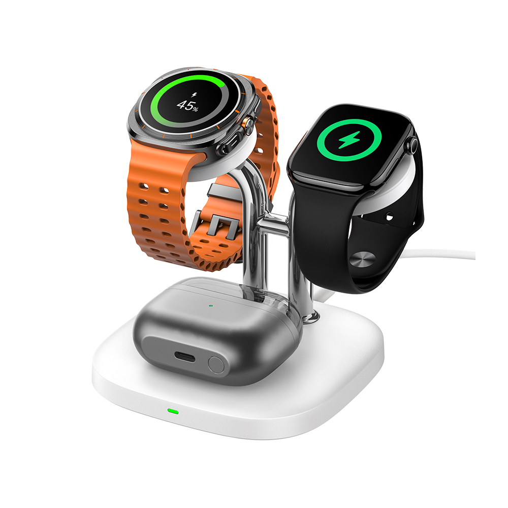 A versatile charging stand featuring a 5W Apple Watch magnetic charger and a 2.5W Samsung Galaxy Watch wireless charger for multi-device users.