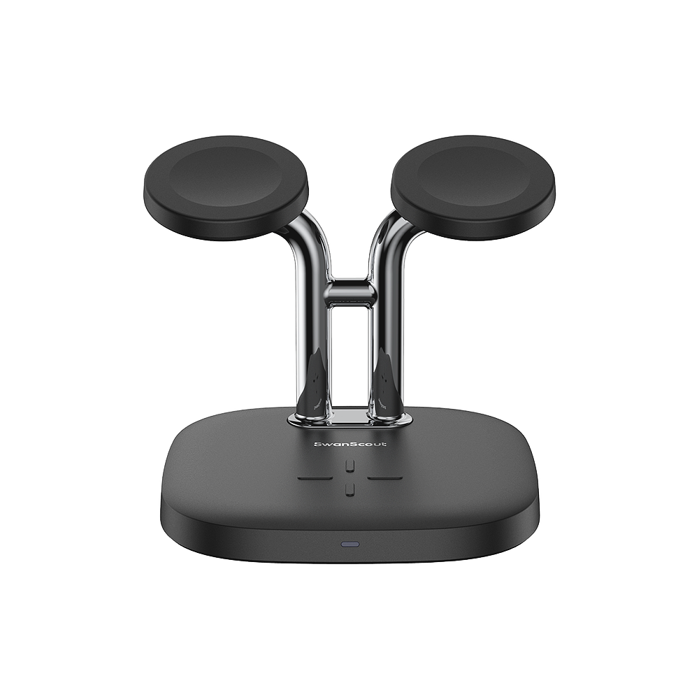 Front view of SwanScout 704S featuring two dedicated Samsung Galaxy Watch charging spots and a center wireless pad for Galaxy Buds 3 Pro.