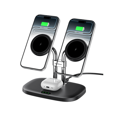 SwanScout 706M black 3-in-1 magnetic charging station, simultaneously powering two iPhones with MagSafe compatibility and AirPods.